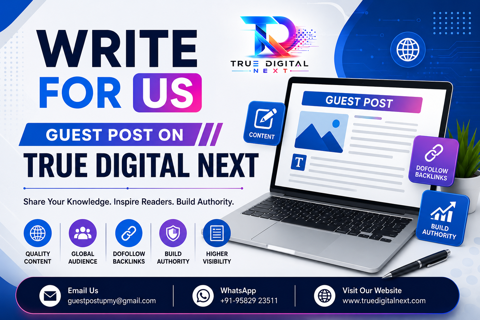 Write For Us at True Digital Next and submit your guest post on SEO, Digital Marketing, AI, Technology, Business, WordPress, and Online Growth. Reach a wider audience with quality content.