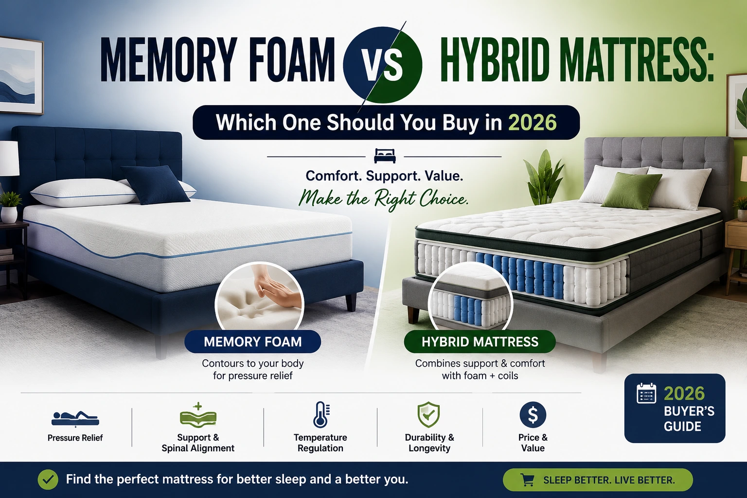 make a table comparing memory foam vs hybrid mattresses